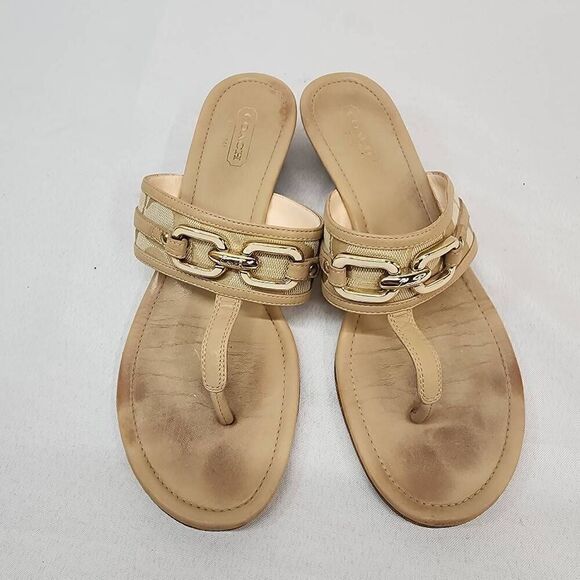 Coach Sandals Womens Size 7.5 Virginia Slip on Beige Tan Wedge Logo Chain Sandal - Picture 5 of 7